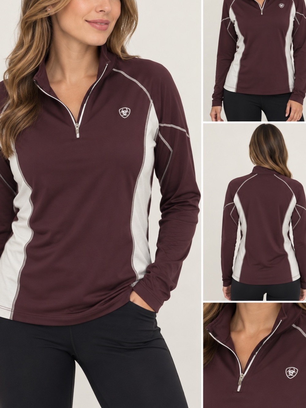 Ariat Maroon Quarter-Zip Performance Shirt Jacket with White Panels